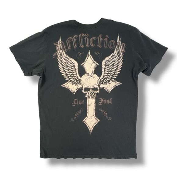 Affliction Y2K Live Fast Cross Skull T-Shirt Size Large - Picture 1 of 6